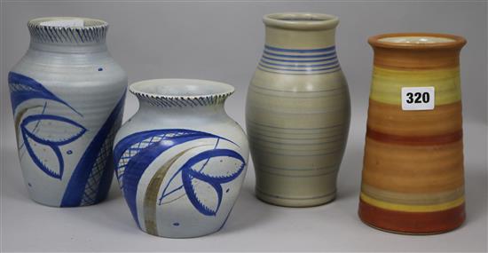 Two early pottery vases signed Susie Cooper, England and two other vases for Grays H.24cm